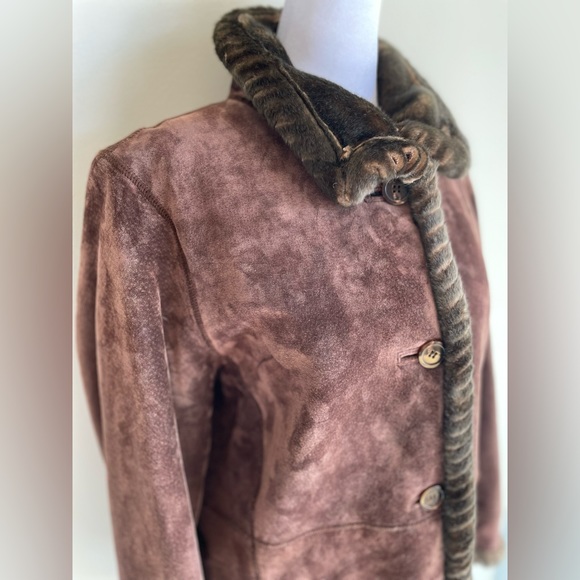LNR for NORDSTROM SUEDE BUTTON FRONT LEATHER LINED JACKET w FAUX FUR TRIM, SZ PL - Picture 15 of 17
